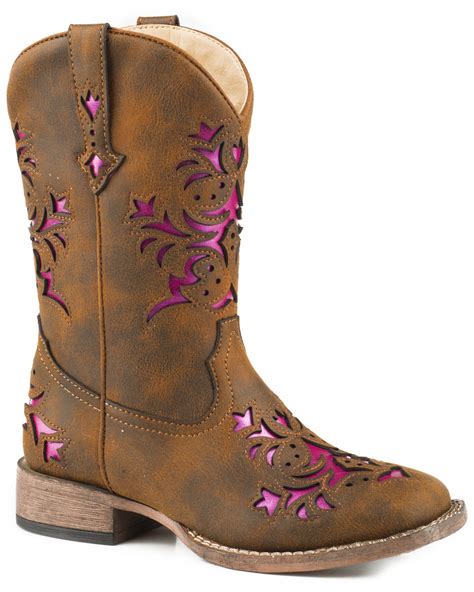 Roper Girls Lola Brown Metallic Underlay Cowgirl Boots Square Toe