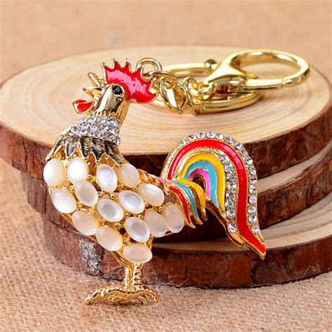 Fashion Chic Rhinestone Cock Rooster Chicken Keychains Crystal Bag Pendant Key Ring Key Chains
