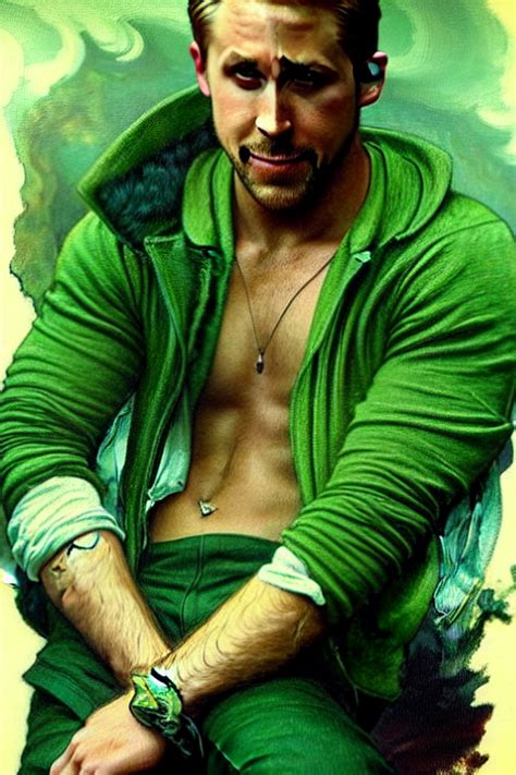 Krea Ai Ryan Gosling Wearing Green Clothes Muscular Fant