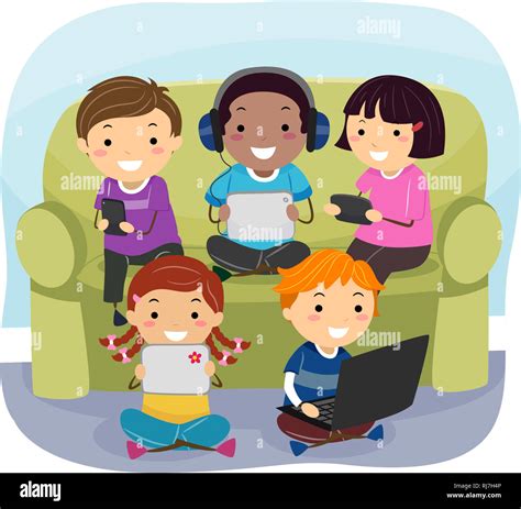 Illustration Of Stickman Kids Gathering By The Couch Using Different