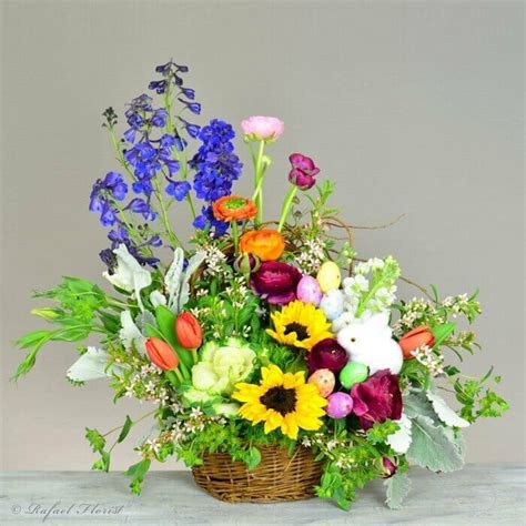 Playful Easter And Passover Floral Design In Wicker Basket