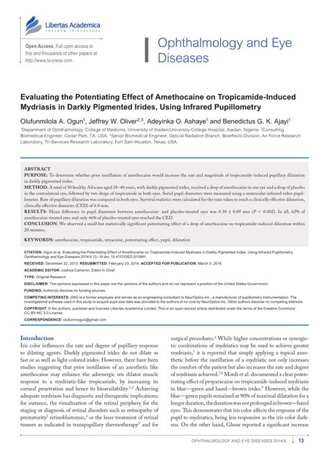 Pdf Evaluating The Potentiating Effect Of Amethocaine On Tropicamide