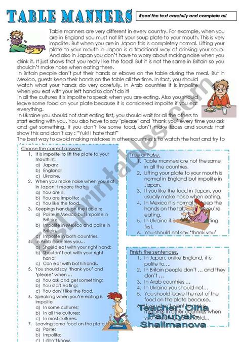 Table Manners Reading Comprehension For My 6 Graders Esl Worksheet
