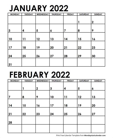January February 2022 Calendar Monday Start Two Months Template