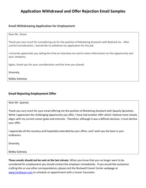 Application Withdrawal And Offer Rejection Email Samples