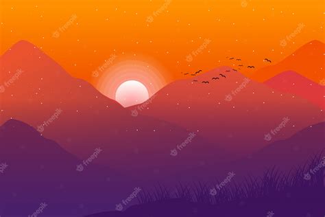 Premium Vector Sunset Landscape With Mountain And Sky Illustration