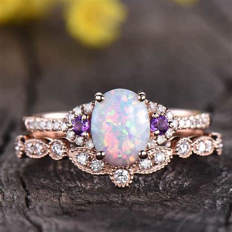 Oval Opal Diamond Engagement Ring Rose Gold Art Deco Amethyst Ring