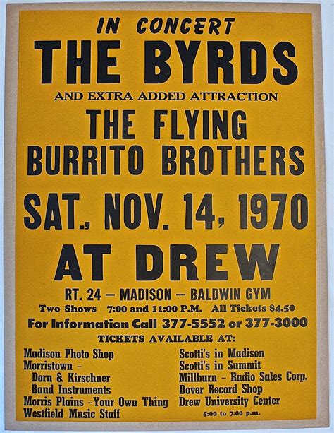 An Old Concert Poster For The Flying Burrito Brothers At Drews In Concert