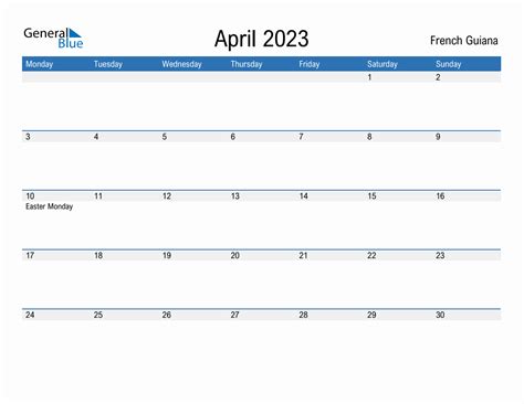 Editable April 2023 Calendar With French Guiana Holidays