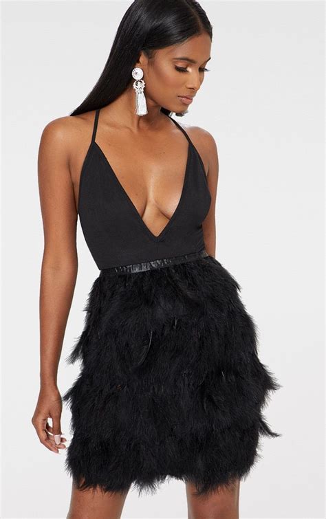 Black Strappy Extreme Plunge Feather Bottom Dress Feather Cocktail Dress Fancy Dresses Party