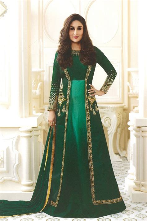 Kareena Kapoor Green Art Silk Anarkali Suit In 2021 Indian Dresses Silk Anarkali Suits