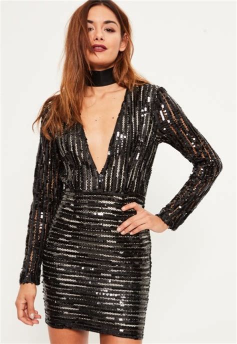 Missguided Black Sequin Plunge Bodycon Dress Plunging Party Dresses