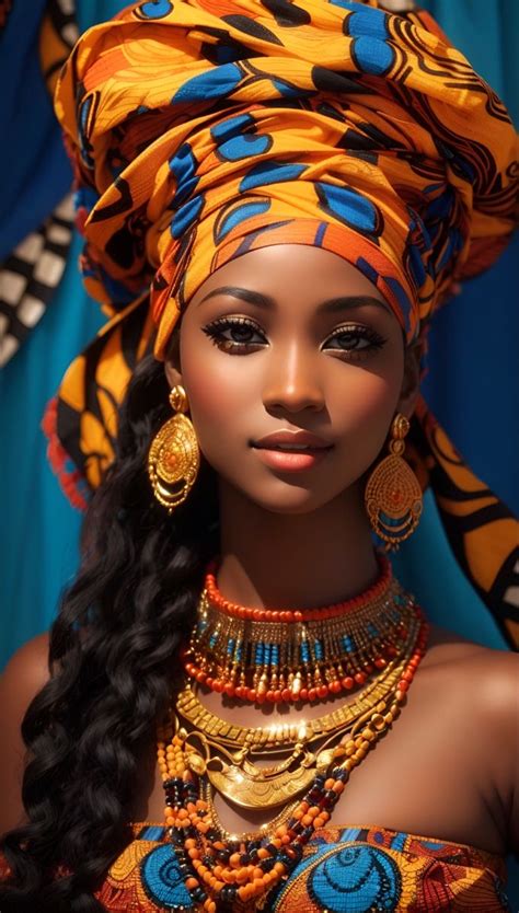 an african woman with long hair wearing a yellow head wrap and gold jewelry on her neck