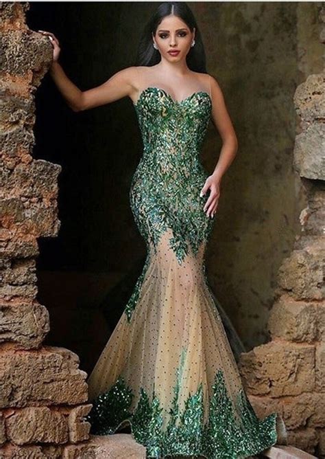 Sparkly Rhinestones Sequins Green And Nude Tulle Evening Gown Red