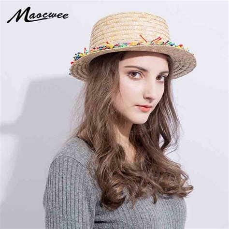 Wholesale Sun Flat Straw Hat Boater Hat Girls Fringed Colorful Tassel