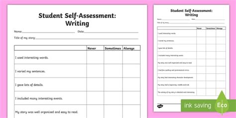 Student Self Assessment Writing Worksheet Worksheet