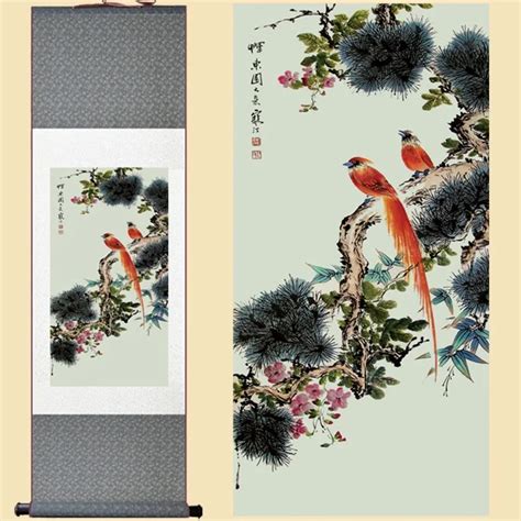 Silk Chinese Watercolor Flower And Birds Double Luck Ink Original Art