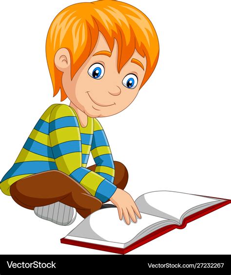 Cartoon Little Boy Reading Open Book Sitting Vector Image