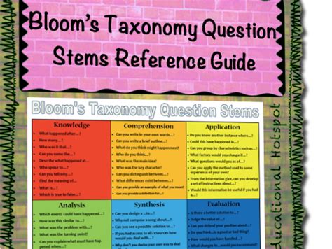 Blooms Taxonomy Question Stems Reference Guide Teaching Resources