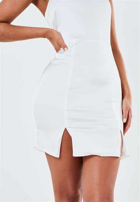White Stretch Satin Double Split Mini Dress Missguided
