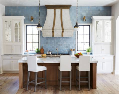 Kitchen Blue Square Tile Backsplash Wood Floors Island Mirrored