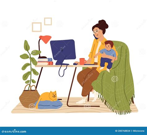 Mother Work From Home Working Mom Happy Busy Freelancer Holding Baby