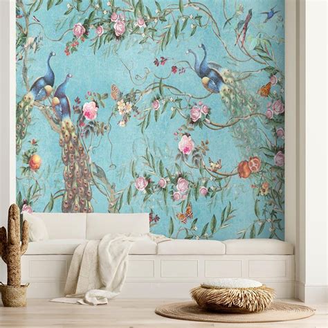 Wallpaper Mural With Birds Peel And Stick Chinoiserie Etsy Australia