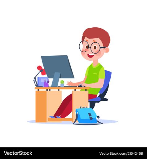 Child At Computer Cartoon Boy Learning At Desk Vector Image
