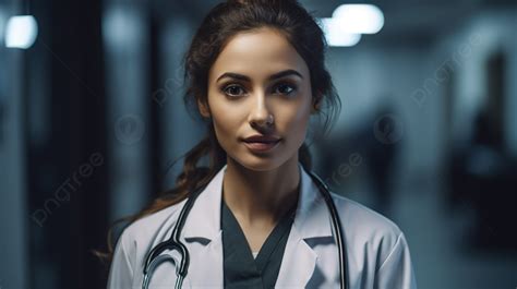 Young Girl Doctor Standing Alone In A Hallway Background Picture Of A