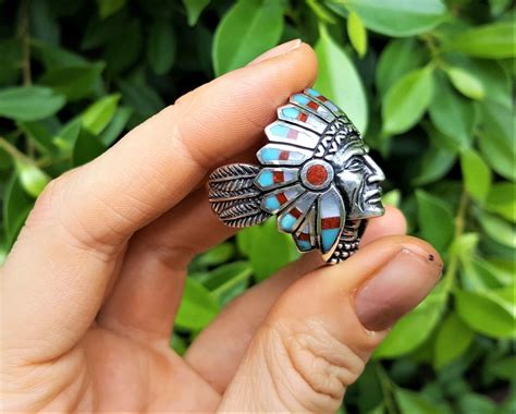 American Indian Ring Sterling Silver 925 Tribal Chief Warrior Natural