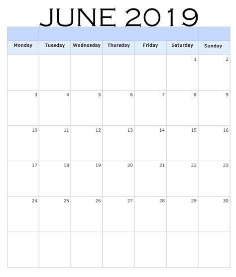Blank June 2019 Portrait Calendar Blank Calendar Template June 2019