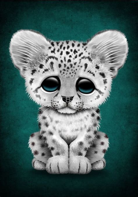 Cute Baby Snow Leopard Cub On Teal Blue By Jeff Bartels Baby Snow
