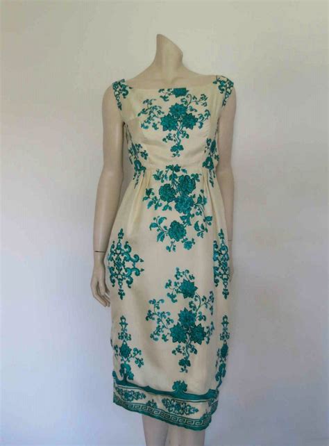 1960s cream and emerald green floral silk dress bust 86 cm etsy