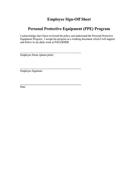Employee Sign Off Sheet Personal Protective Equipment Program Fill