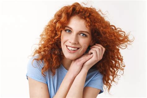 Close Up Tender Young Attractive Redhead Woman With Blue Eyes Laughing