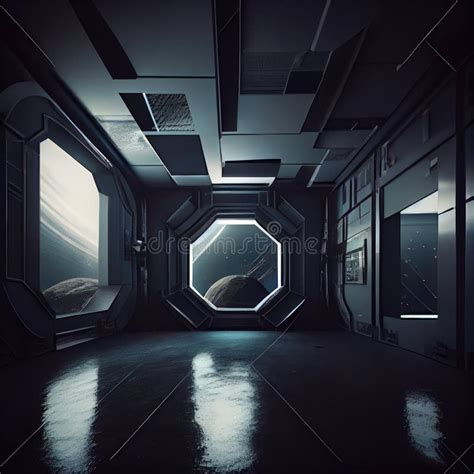 Single Dark Empty Room In Future With Sci Fi Futuristic Interior Stock
