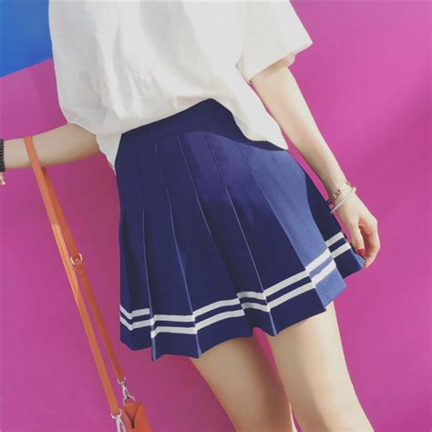 Japanese Style Women Pleated Skirt Casual High Waist Mini Skirts Blue