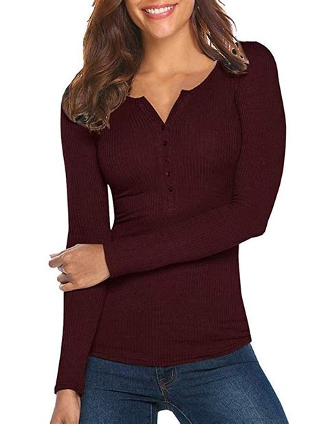 Womens V Neck Henley Shirts Long Sleeve Ribbed Button Down Basic Tops