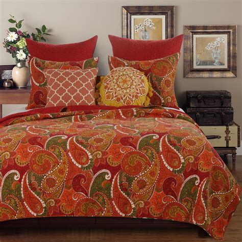 Paisley Print King Size Quilt Set With 2 Pillow Shams Cinnamon Red