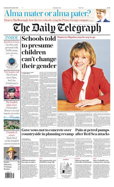 Daily Telegraph Front Page 19th Of December 2023 Tomorrow S Papers Today