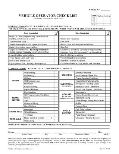 Mechanic Vehicle Inspection Checklist