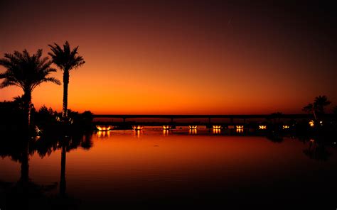 landscape, Sunset, Palm Trees, Reflection, Water, Lights, Dubai ...