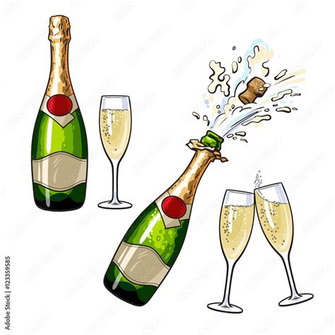 Champagne Bottle And Glasses Set Of Cartoon Vector Illustrations