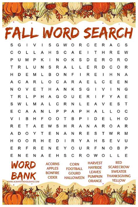 Fall Word Search Printable Worksheets