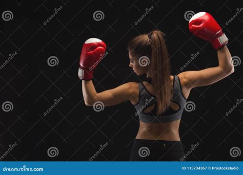 athletic woman in boxing gloves showing muscular body stock image image of boxing female