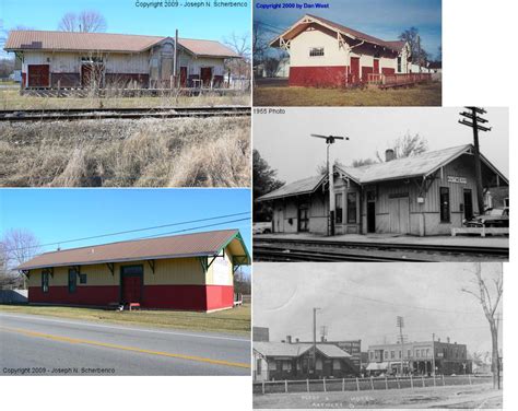 Four Different Pictures Of Buildings And Railroad Tracks In Black And