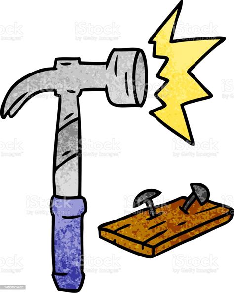 Hand Drawn Textured Cartoon Doodle Of A Hammer And Nails Stock