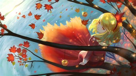Safebooru 1girl Aki Shizuha Apple Autumn Autumn Leaves Blonde Hair Dress Falling Leaves Food