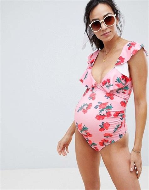 Asos Design Maternity Wrap Front Frill Detail Swimsuit In Rose Print Asos Maternity Swimsuit
