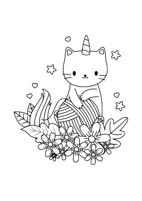 Cute unicorn coloring pages for kids: Unicorn Cat With a Yarn Ball Coloring Page